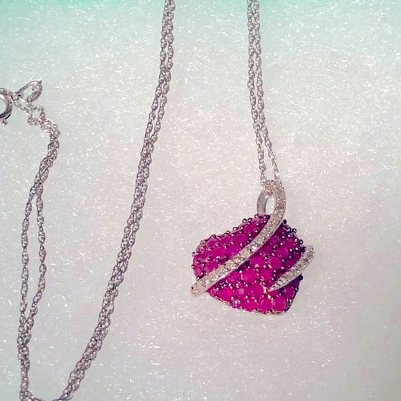 Natural Ruby and Diamond Sterling Silver Necklace - Picture 11 of 12